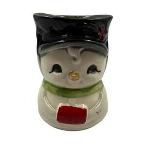 Vintage Hand Painted Ceramic Snowman Container Vase Jar Kitsch Cute Winter